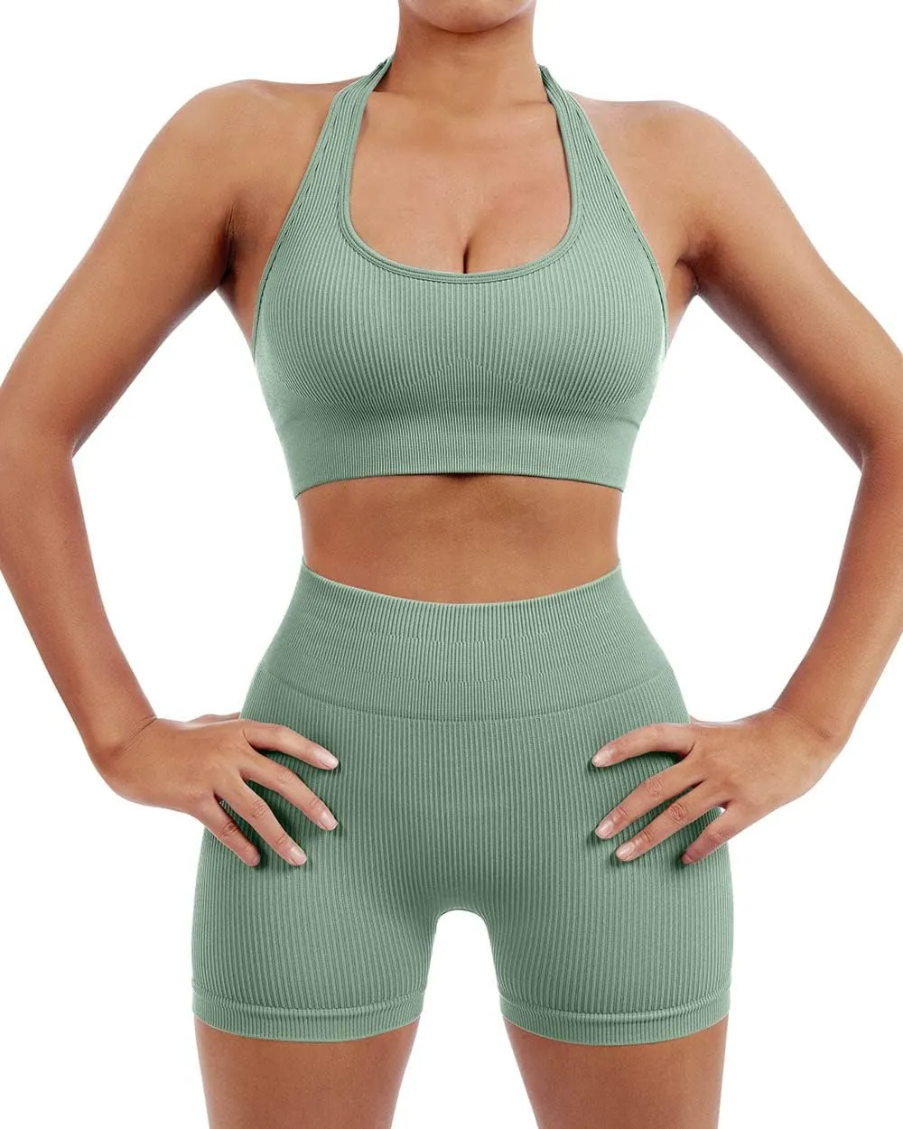 SUUKSESS Women Seamless Ribbed Workout Set Backless Sports Bra Booty Biker Short