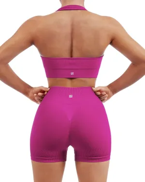 SUUKSESS Women Seamless Ribbed Workout Set Backless Sports Bra Booty Biker Short