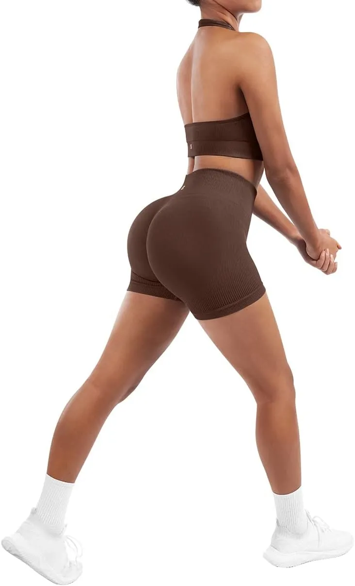 SUUKSESS Women Seamless Ribbed Workout Set Backless Sports Bra Booty Biker Short