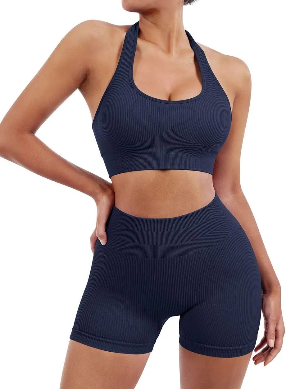 SUUKSESS Women Seamless Ribbed Workout Set Backless Sports Bra Booty Biker Short