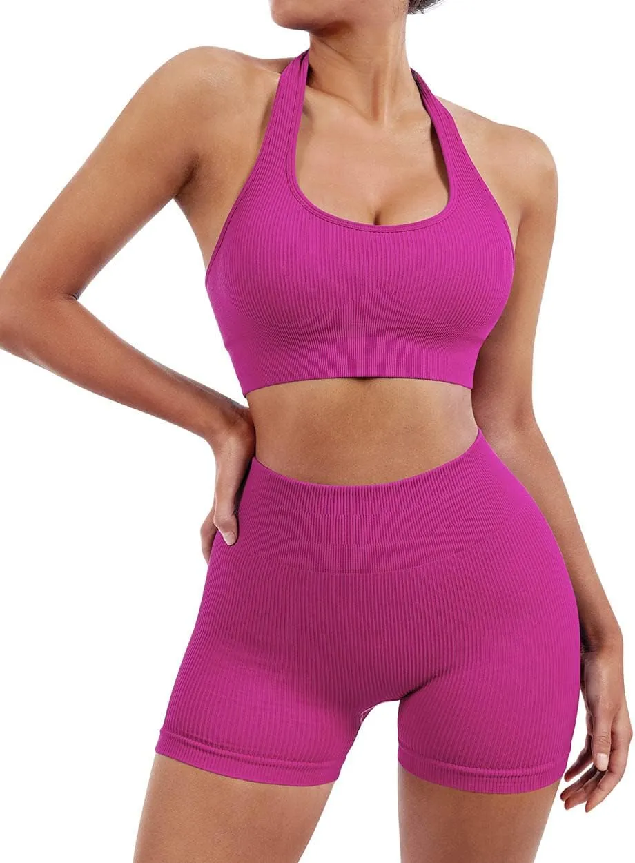 SUUKSESS Women Seamless Ribbed Workout Set Backless Sports Bra Booty Biker Short