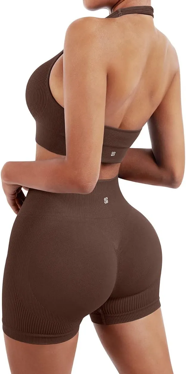 SUUKSESS Women Seamless Ribbed Workout Set Backless Sports Bra Booty Biker Short