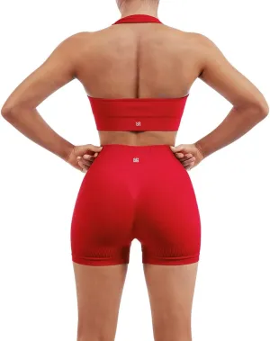 SUUKSESS Women Seamless Ribbed Workout Set Backless Sports Bra Booty Biker Short