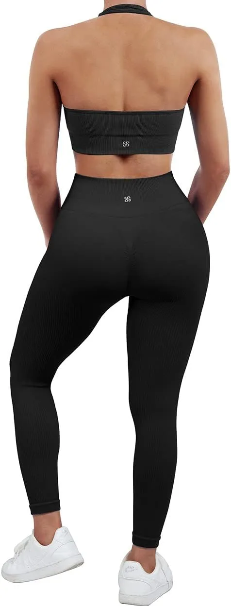 SUUKSESS Women Seamless Ribbed Workout Set Backless Sports Bra Booty Biker Short
