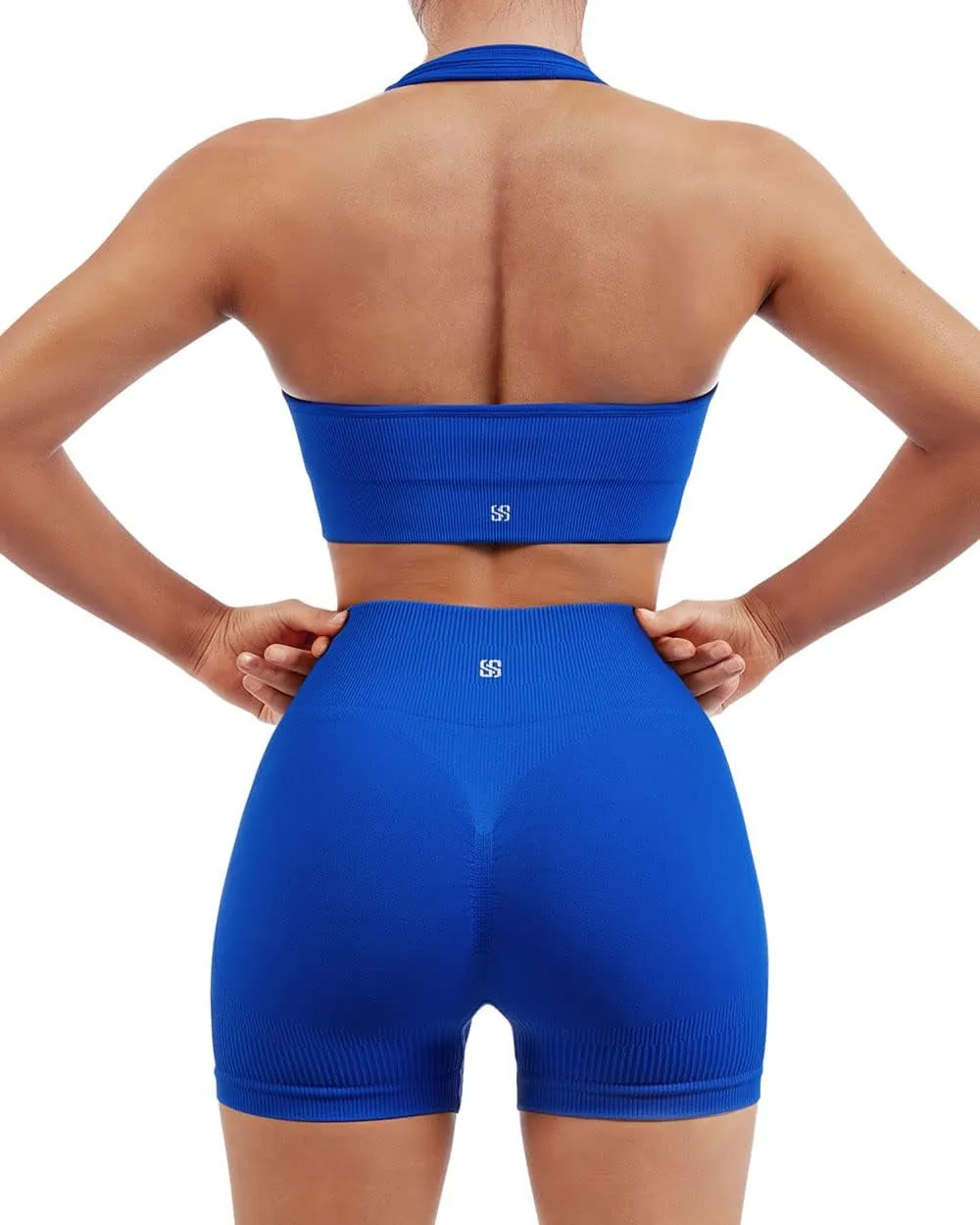 SUUKSESS Women Seamless Ribbed Workout Set Backless Sports Bra Booty Biker Short