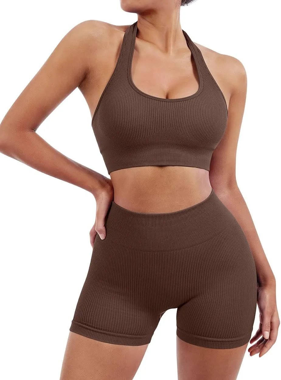 SUUKSESS Women Seamless Ribbed Workout Set Backless Sports Bra Booty Biker Short