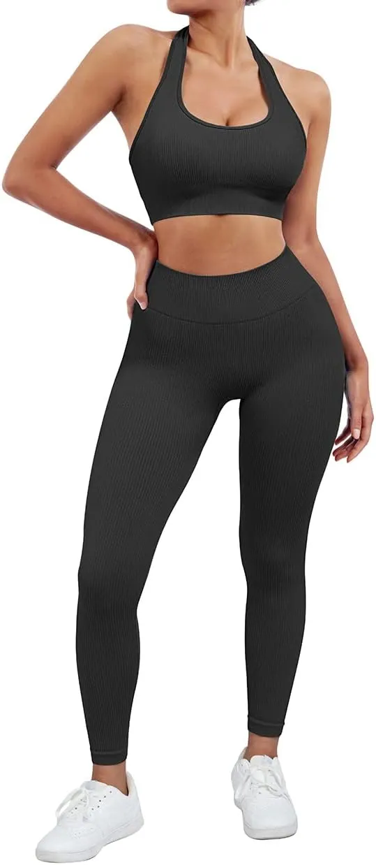 SUUKSESS Women Seamless Ribbed Workout Set Backless Sports Bra Booty Biker Short