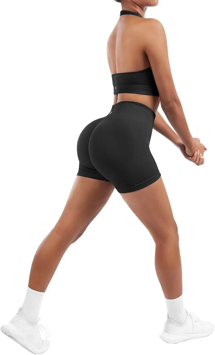 SUUKSESS Women Seamless Ribbed Workout Set Backless Sports Bra Booty Biker Short