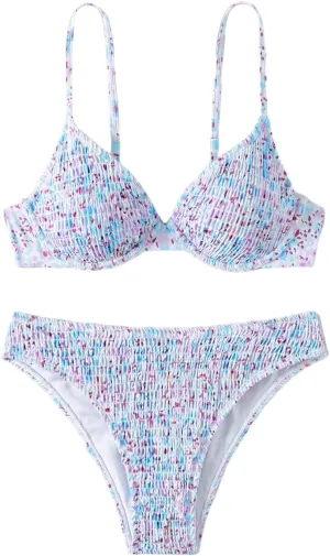 SweatyRocks Women's 2 Piece Bikini Sets Ditsy Floral Spaghetti Strap Swimsuit High Cut Bathing Suit