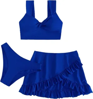 SweatyRocks Women's 3 Piece Twist Ruffle Bikini Swimsuits Bathing Suit with Beach Skirts