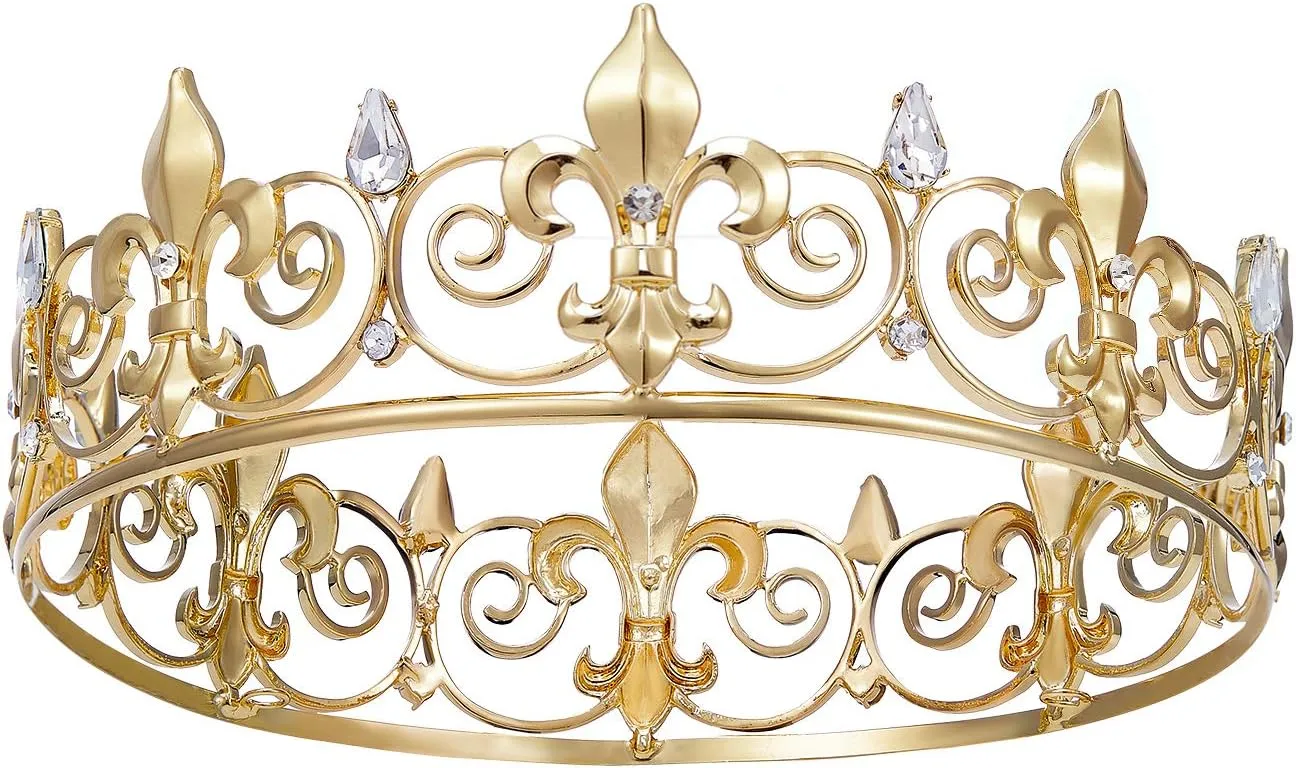 SWEETV Royal Full Round King Crown Crystal Tiara for Men Party Hats Costume Accessories