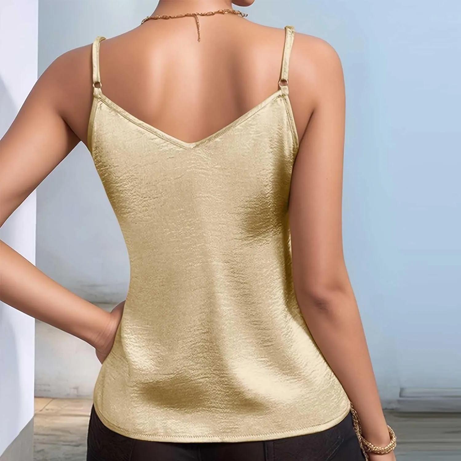 TANGNADE Metallic Tank Top for Women V Neck Camisole Sleeveless Tank Cami Shirt Summer Vacation Travel Beach Outfits