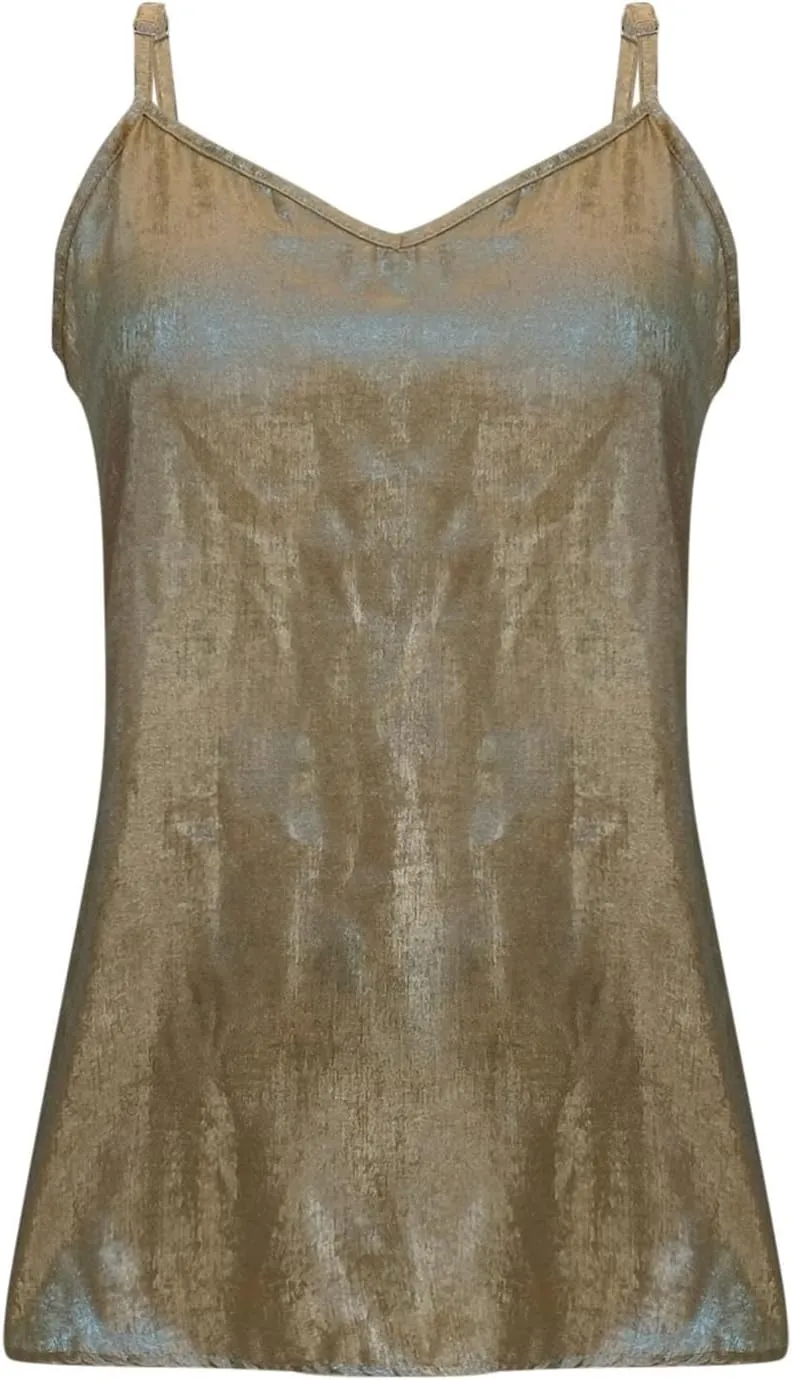 TANGNADE Metallic Tank Top for Women V Neck Camisole Sleeveless Tank Cami Shirt Summer Vacation Travel Beach Outfits