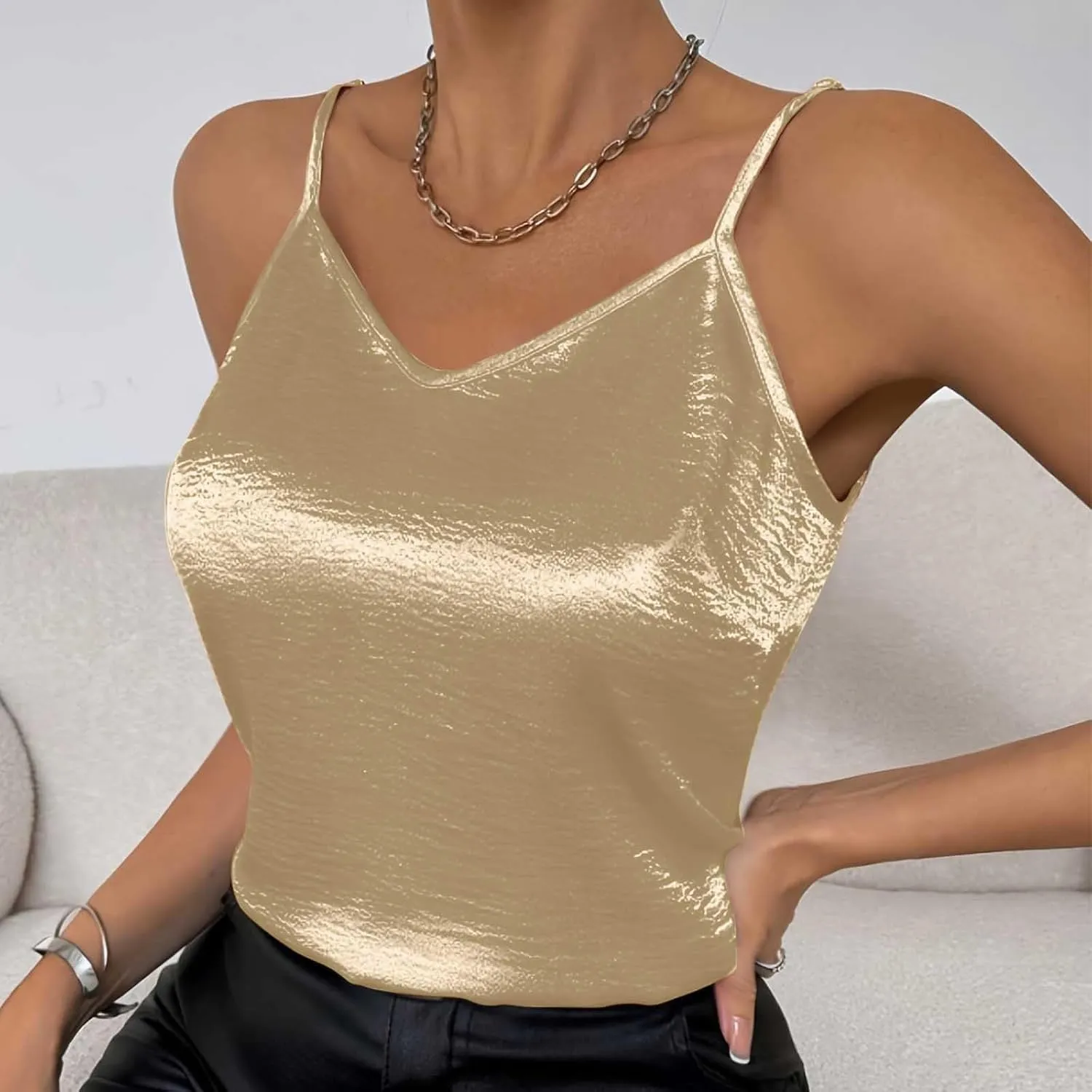 TANGNADE Metallic Tank Top for Women V Neck Camisole Sleeveless Tank Cami Shirt Summer Vacation Travel Beach Outfits