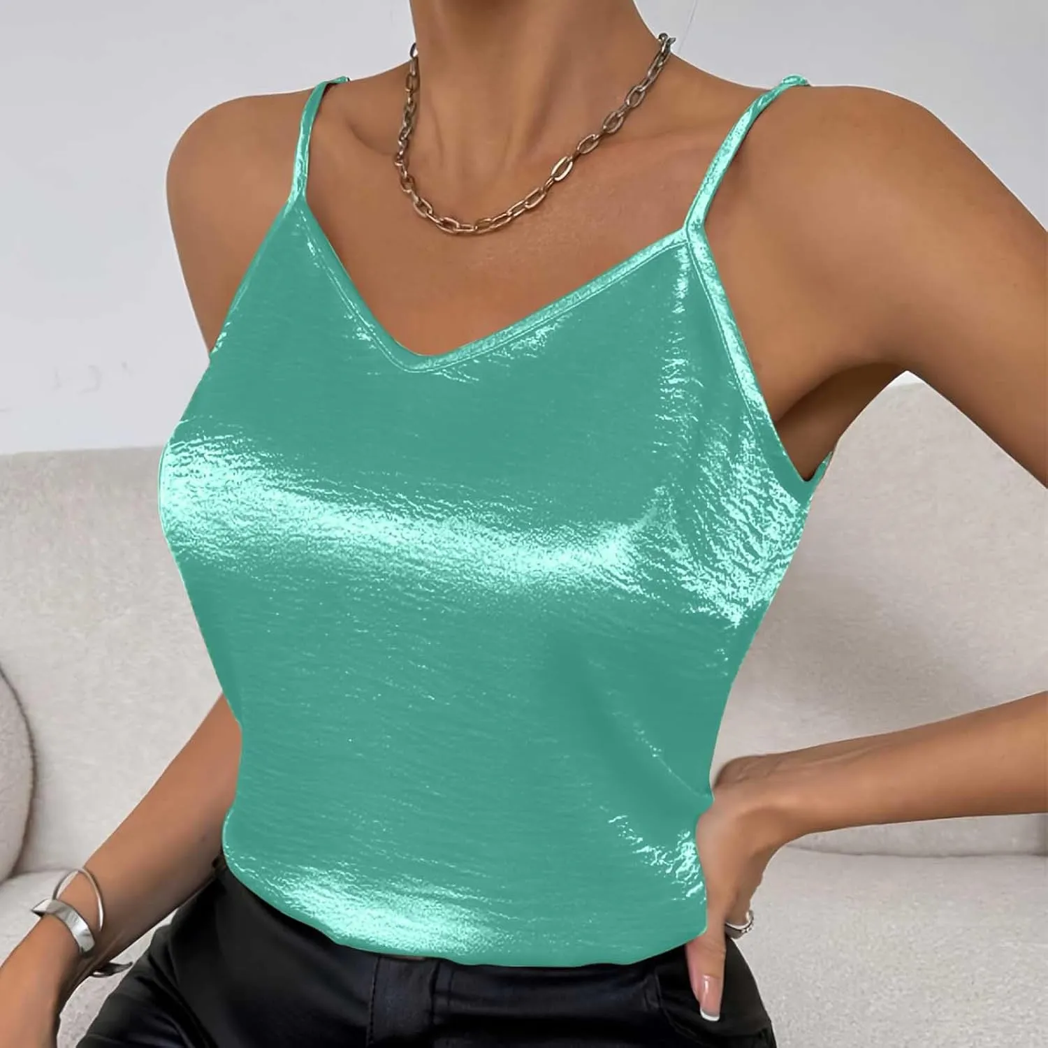 TANGNADE Metallic Tank Top for Women V Neck Camisole Sleeveless Tank Cami Shirt Summer Vacation Travel Beach Outfits