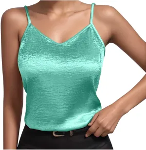 TANGNADE Metallic Tank Top for Women V Neck Camisole Sleeveless Tank Cami Shirt Summer Vacation Travel Beach Outfits