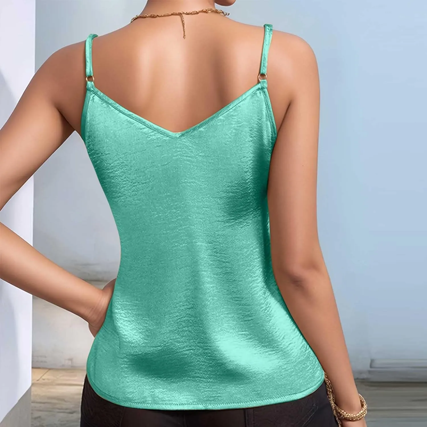 TANGNADE Metallic Tank Top for Women V Neck Camisole Sleeveless Tank Cami Shirt Summer Vacation Travel Beach Outfits