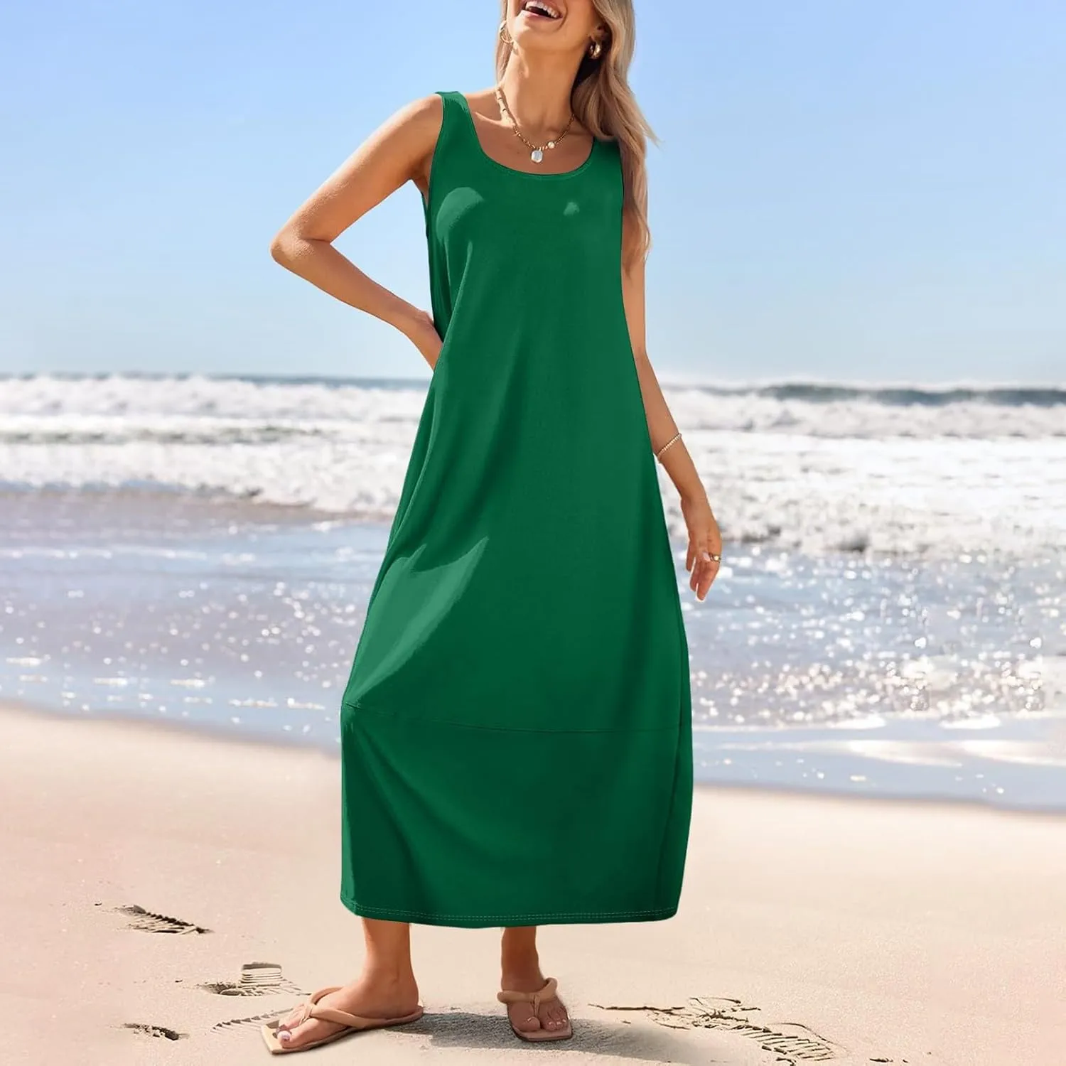 Tank Dress Casual Summer Boho Flowy Maxi Dresses with Pockets Cute Long Midi Sundresses for Beach Vacation Tunic Dress