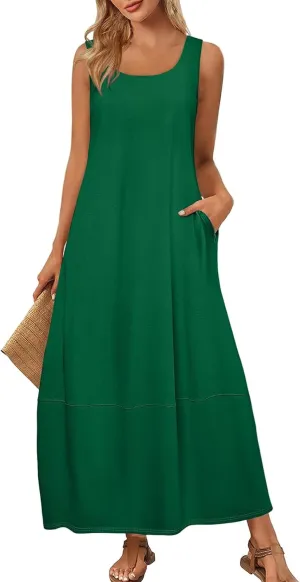 Tank Dress Casual Summer Boho Flowy Maxi Dresses with Pockets Cute Long Midi Sundresses for Beach Vacation Tunic Dress
