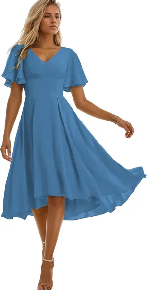 Tea Length Bridesmaid Dresses for Women Ruffles Chiffon Formal Dress with Sleeves Corset Evening Gowns