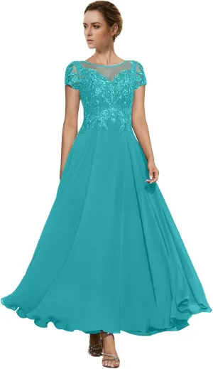 Tea Length Cap Sleeve Chiffon Mother of The Bride Dresses Women's Boat Neck A Line Lace Appliqued Wedding Guest Dress