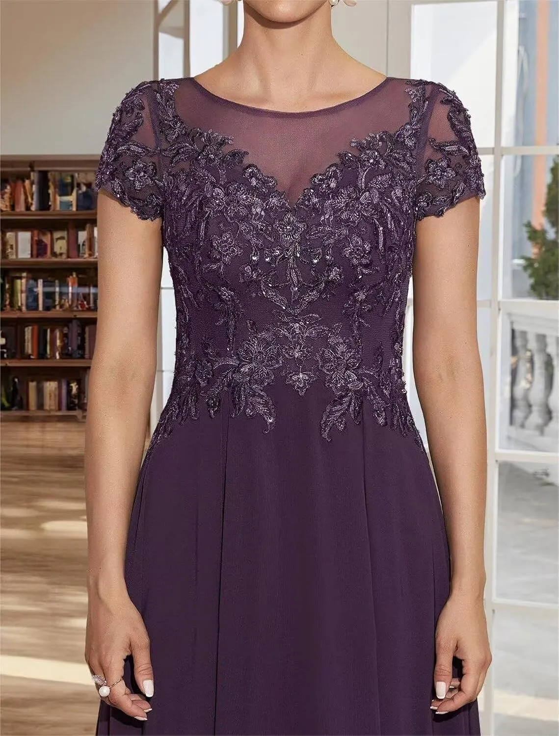 Tea Length Cap Sleeve Chiffon Mother of The Bride Dresses Women's Boat Neck A Line Lace Appliqued Wedding Guest Dress