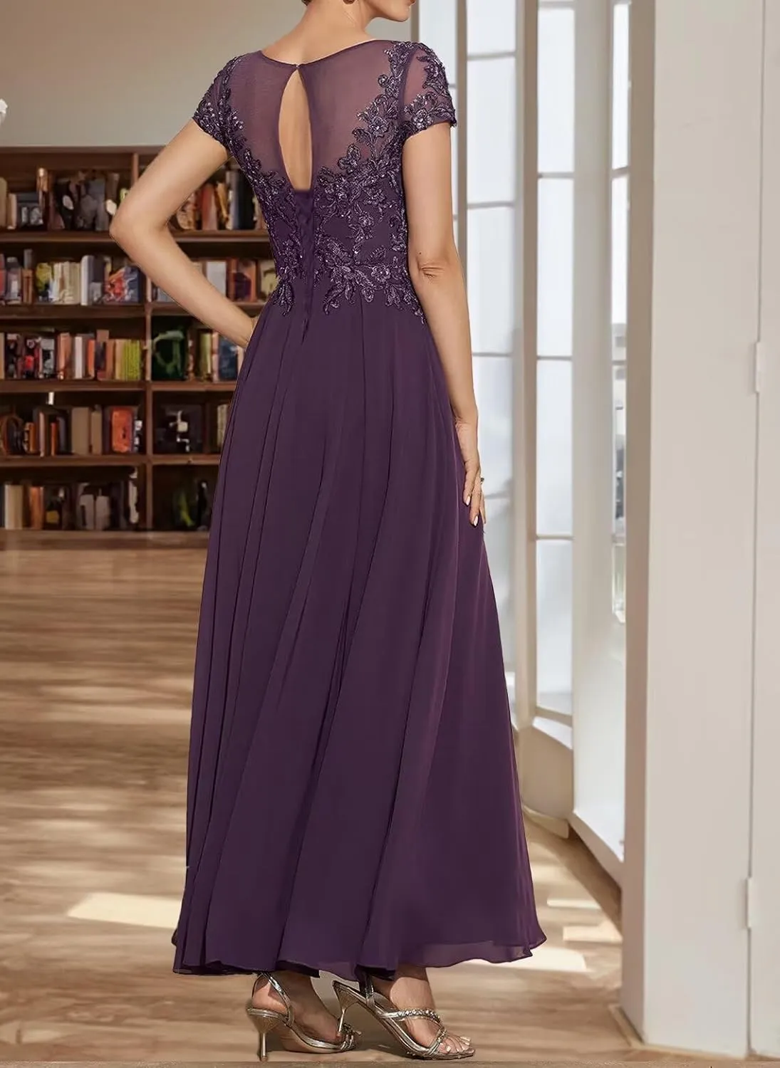 Tea Length Cap Sleeve Chiffon Mother of The Bride Dresses Women's Boat Neck A Line Lace Appliqued Wedding Guest Dress