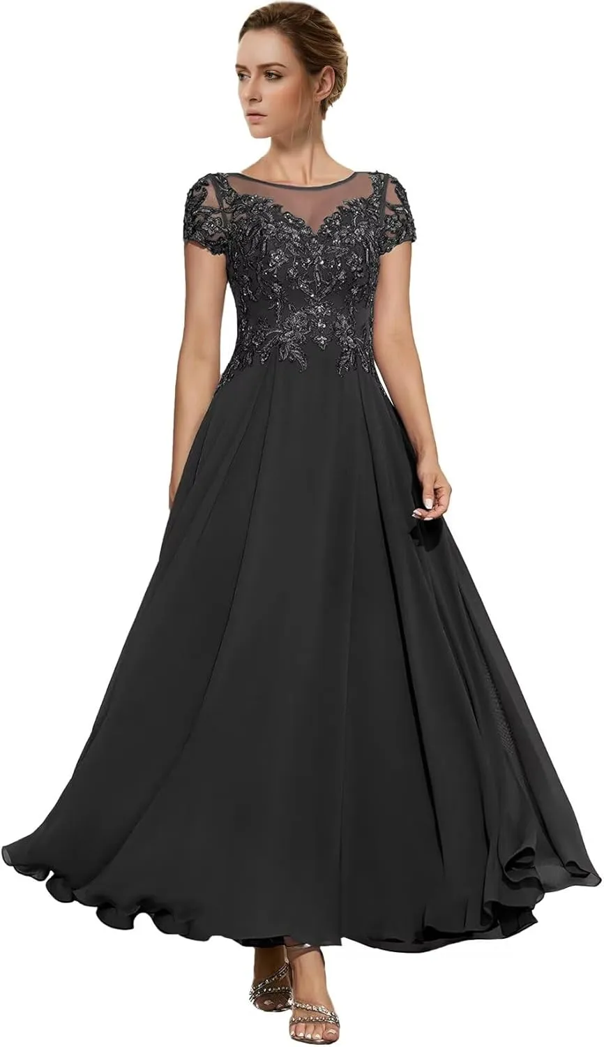 Tea Length Cap Sleeve Chiffon Mother of The Bride Dresses Women's Boat Neck A Line Lace Appliqued Wedding Guest Dress