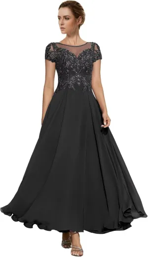 Tea Length Cap Sleeve Chiffon Mother of The Bride Dresses Women's Boat Neck A Line Lace Appliqued Wedding Guest Dress
