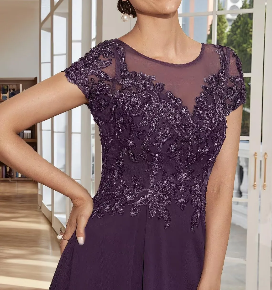 Tea Length Cap Sleeve Chiffon Mother of The Bride Dresses Women's Boat Neck A Line Lace Appliqued Wedding Guest Dress