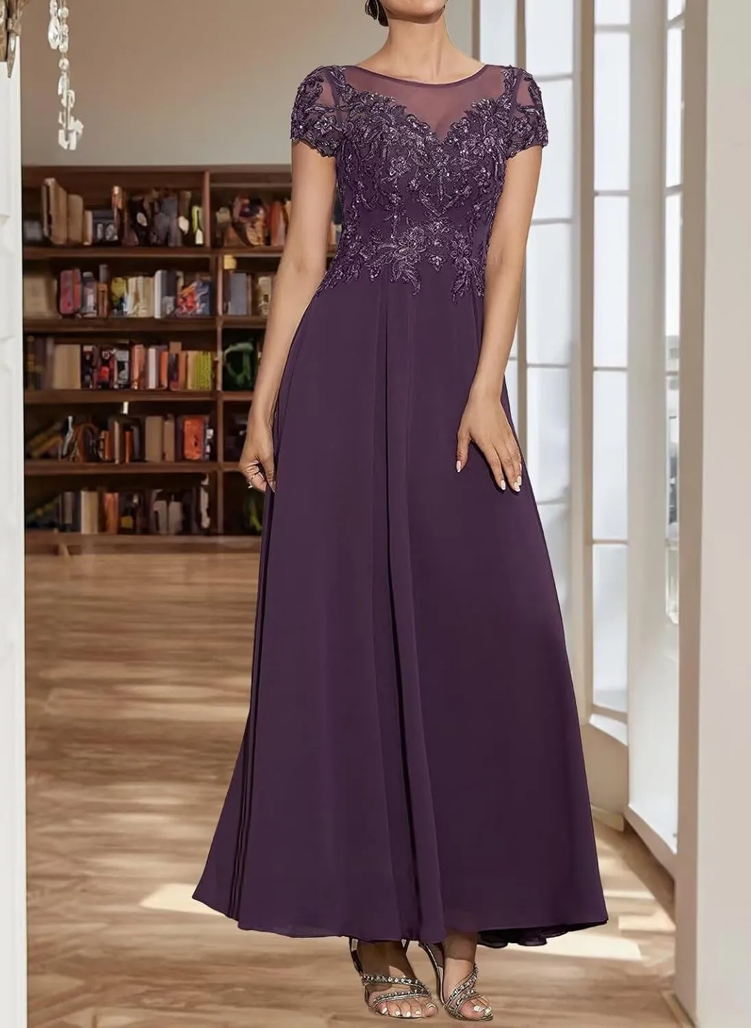 Tea Length Cap Sleeve Chiffon Mother of The Bride Dresses Women's Boat Neck A Line Lace Appliqued Wedding Guest Dress