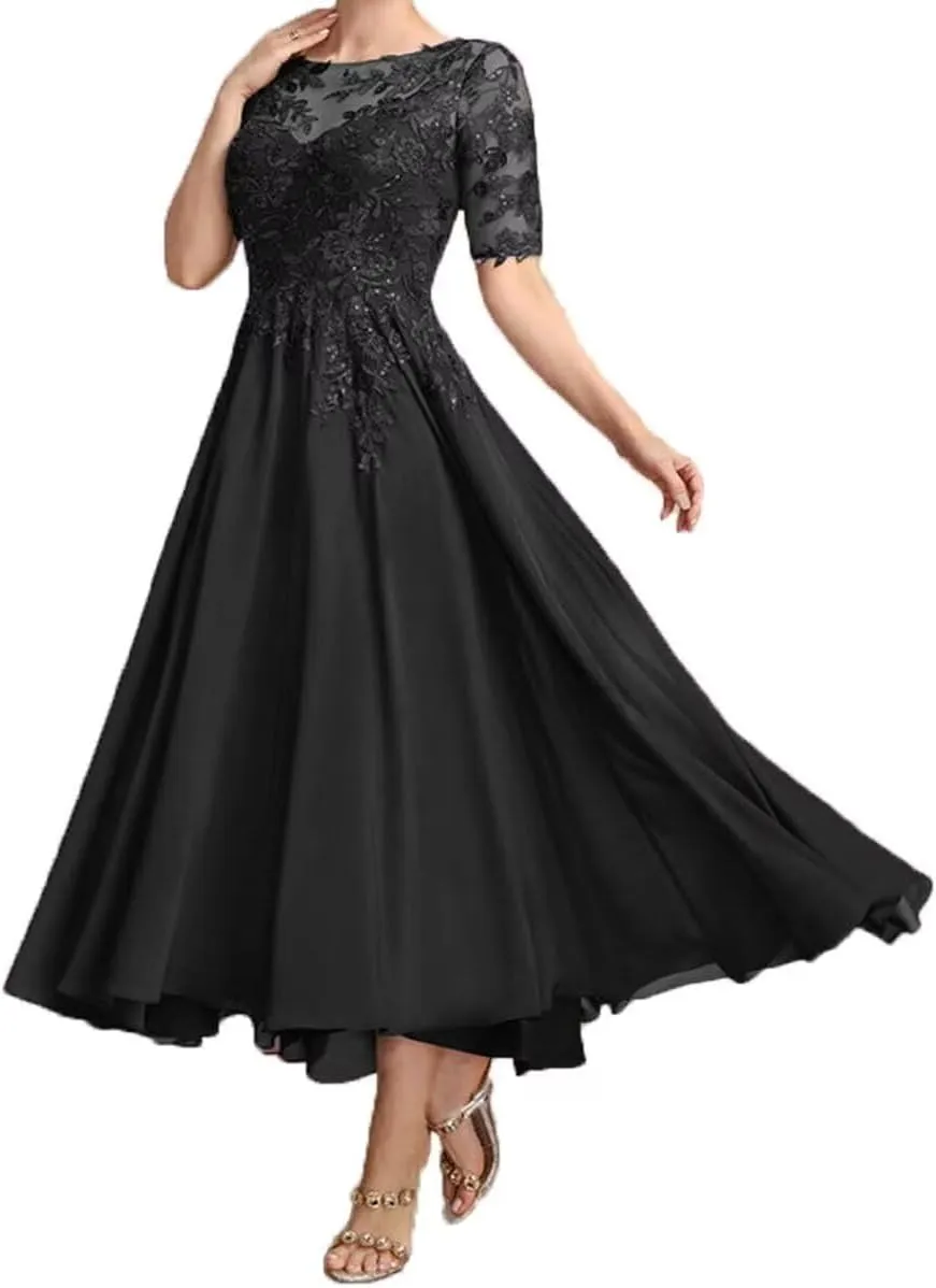 Tea Length Mother of The Bride Dresses Chiffon Laces Applique Short Sleeve Mother of The Groom Evening Gowns