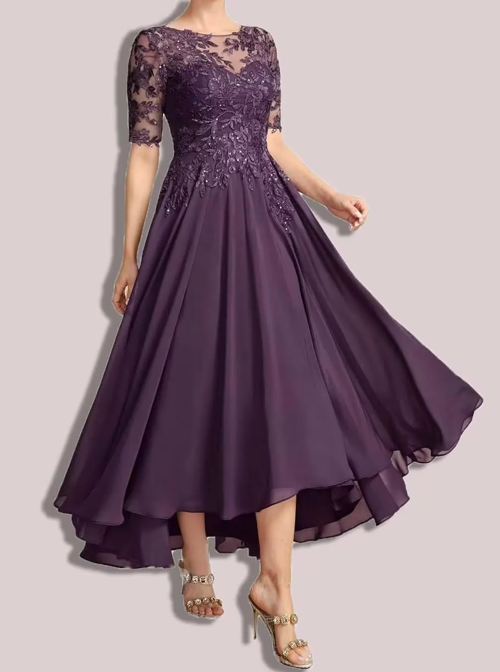 Tea Length Mother of The Bride Dresses Chiffon Laces Applique Short Sleeve Mother of The Groom Evening Gowns