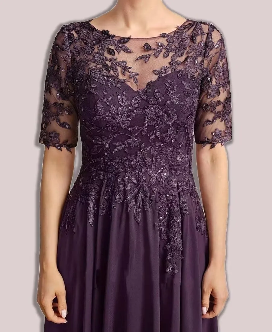 Tea Length Mother of The Bride Dresses Chiffon Laces Applique Short Sleeve Mother of The Groom Evening Gowns