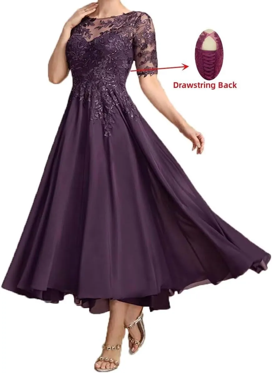 Tea Length Mother of The Bride Dresses Chiffon Laces Applique Short Sleeve Mother of The Groom Evening Gowns