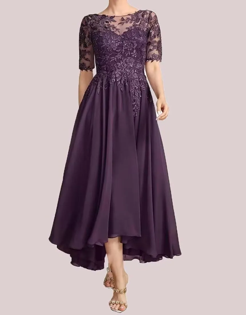 Tea Length Mother of The Bride Dresses Chiffon Laces Applique Short Sleeve Mother of The Groom Evening Gowns