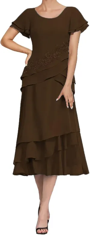 Tea Length Mother of The Bride Dresses for Wedding Chiffon Appliques Formal Evening Party Gowns Grandmother Dresses
