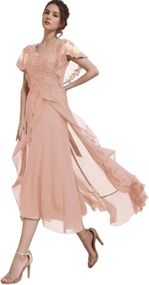 Tea Length Mother of The Bride Dresses for Wedding Chiffon Ruffle Lace Appliques Hi-Lo Formal Evening Gowns with Sleeves