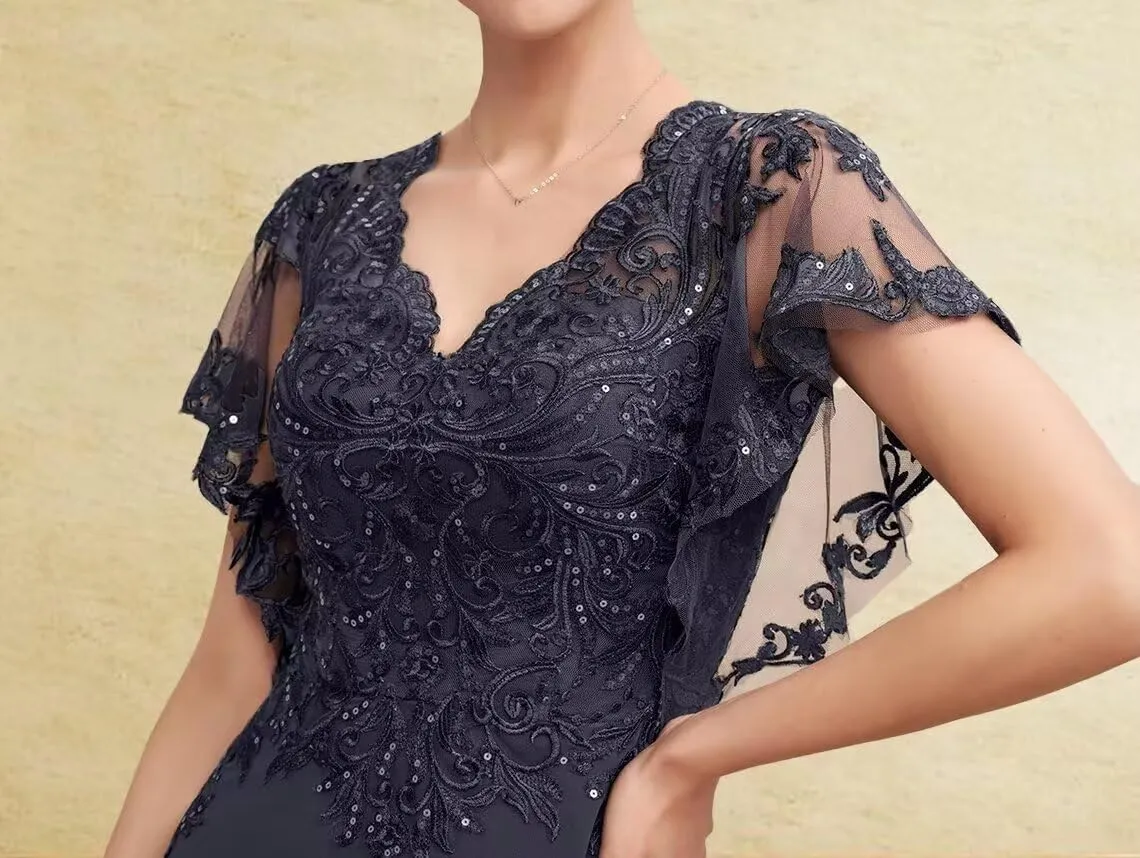 Tea Length Mother of The Bride Dresses for Wedding Chiffon Ruffle Lace Appliques Hi-Lo Formal Evening Gowns with Sleeves
