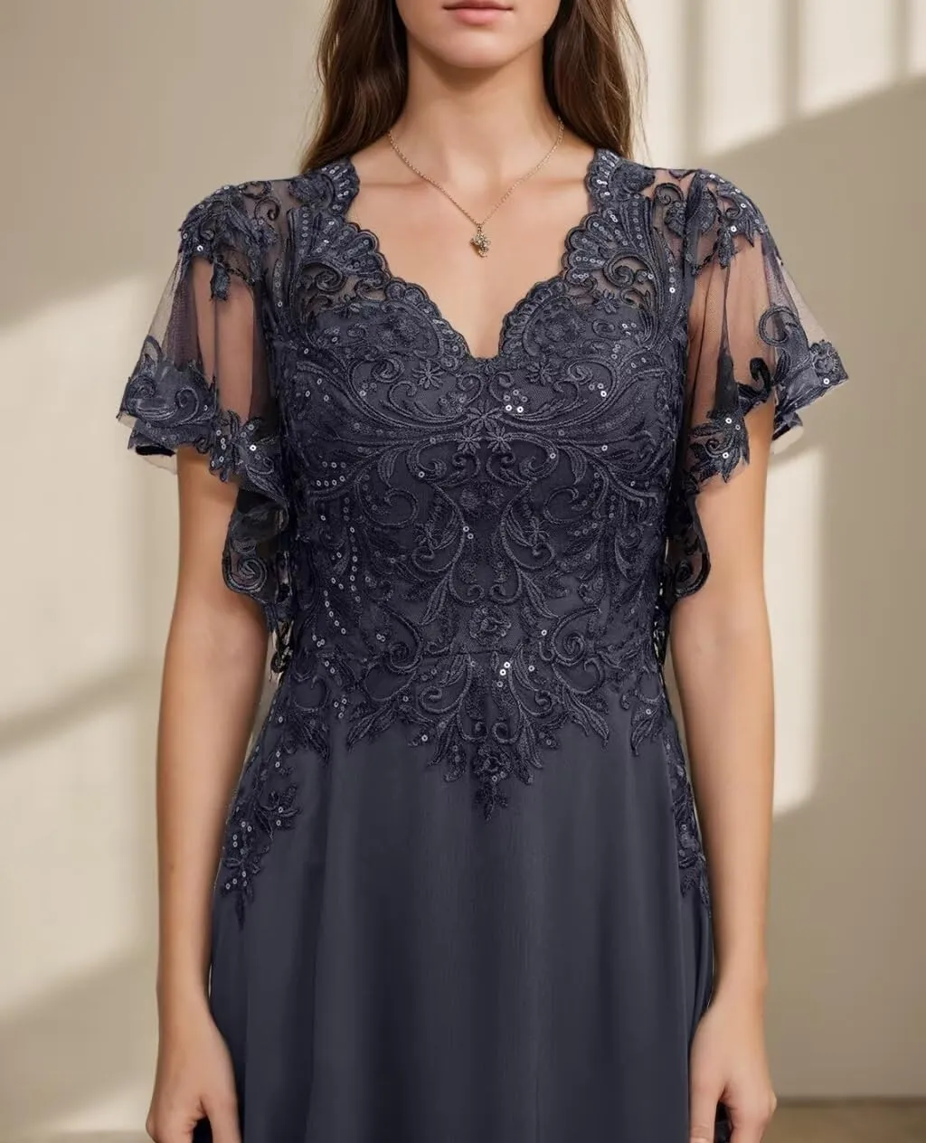 Tea Length Mother of The Bride Dresses for Wedding Chiffon Ruffle Lace Appliques Hi-Lo Formal Evening Gowns with Sleeves