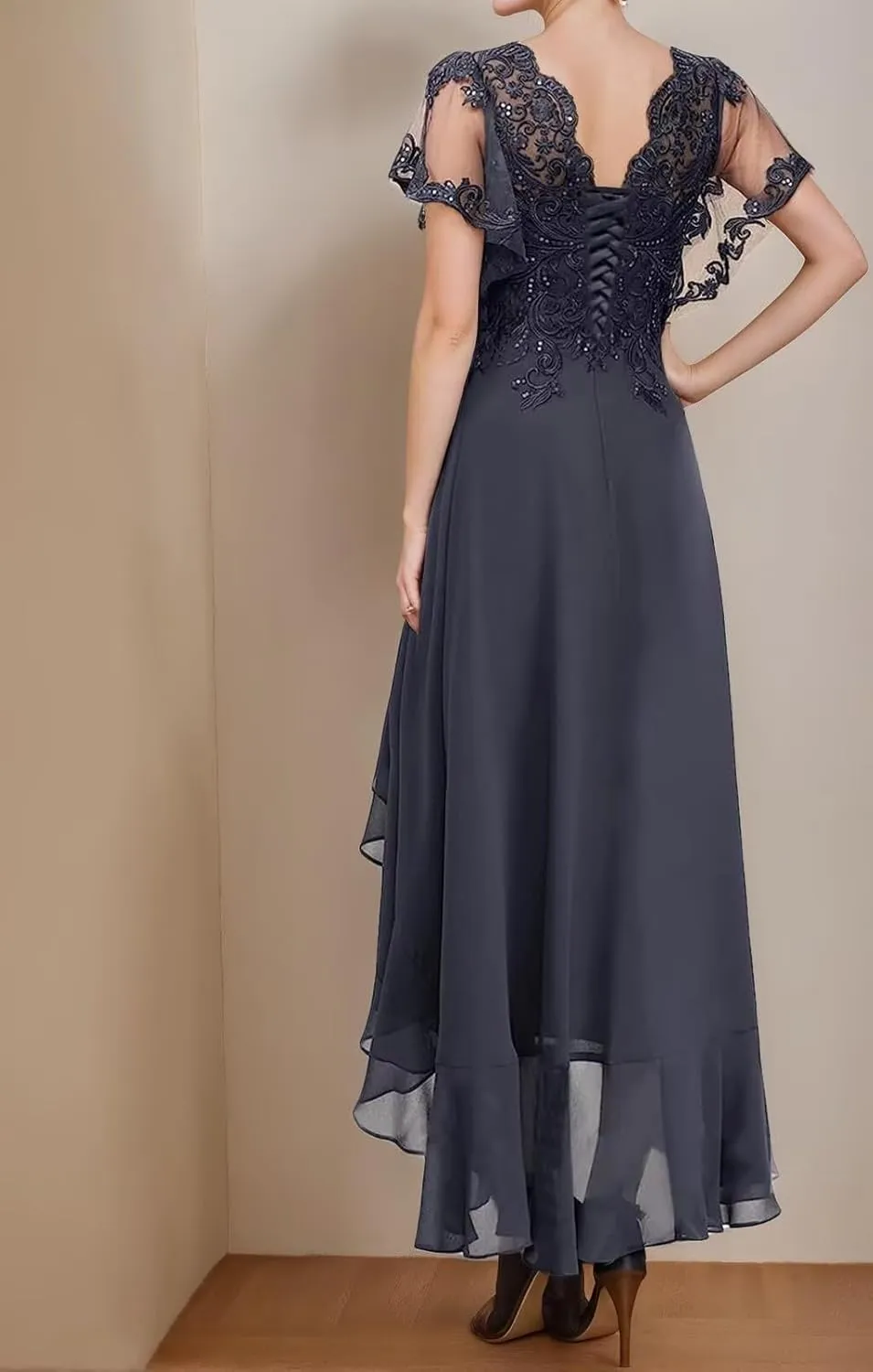 Tea Length Mother of The Bride Dresses for Wedding Chiffon Ruffle Lace Appliques Hi-Lo Formal Evening Gowns with Sleeves