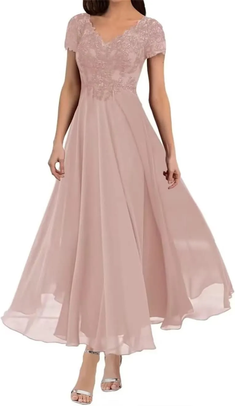 Tea Length Mother of The Bride Dresses for Wedding with Sleeves Chiffon Lace Appliques Formal Evening Party Gowns