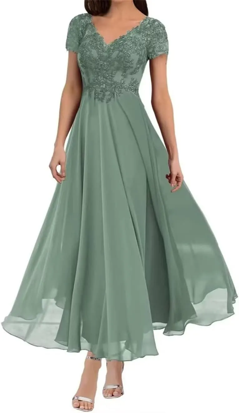 Tea Length Mother of The Bride Dresses for Wedding with Sleeves Chiffon Lace Appliques Formal Evening Party Gowns