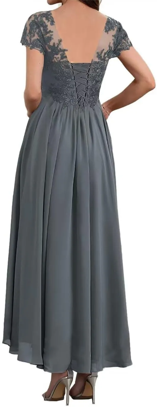Tea Length Mother of The Bride Dresses for Wedding with Sleeves Chiffon Lace Appliques Formal Evening Party Gowns