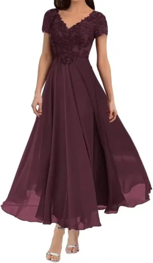 Tea Length Mother of The Bride Dresses for Wedding with Sleeves Chiffon Lace Appliques Formal Evening Party Gowns