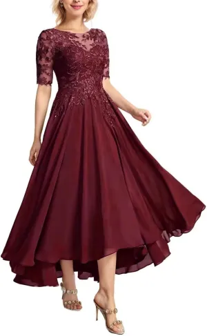 Tea Length Mother of The Bride Dresses for Women Chiffon Lace Wedding Dresses for Bride 2024