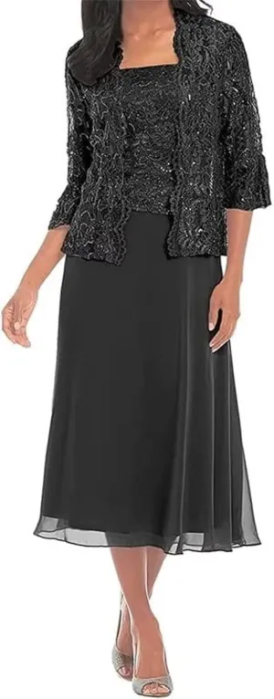 Tea Length Mother of The Bride Dresses for Women with Jacket Chiffon Wedding Guest Dress Lace Formal Dress