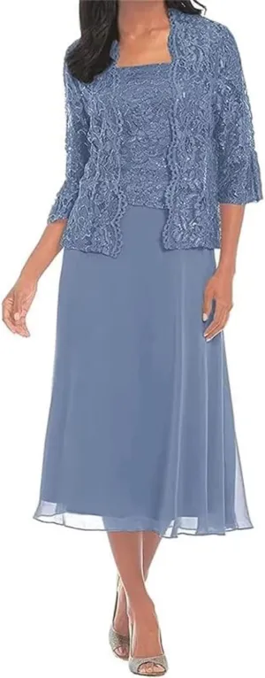 Tea Length Mother of The Bride Dresses for Women with Jacket Chiffon Wedding Guest Dress Lace Formal Dress