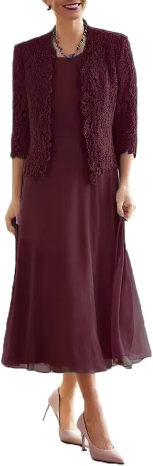 Tea Length Mother of The Groom Dress 2-Pieces Mother of Bride Dresses with Jacket Laces Chiffon Formal Evening Gowns