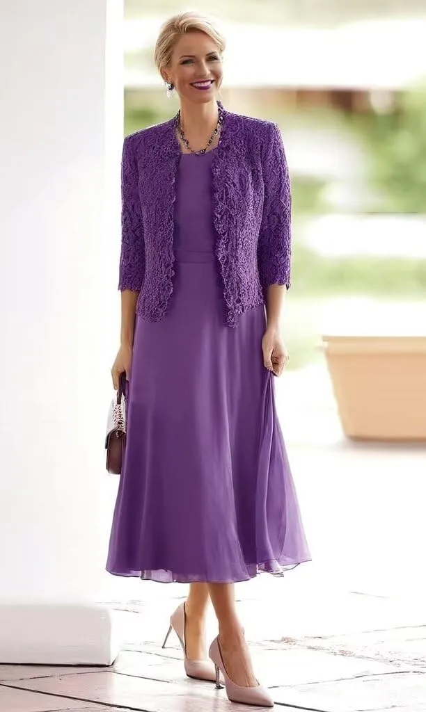 Tea Length Mother of The Groom Dress 2-Pieces Mother of Bride Dresses with Jacket Laces Chiffon Formal Evening Gowns